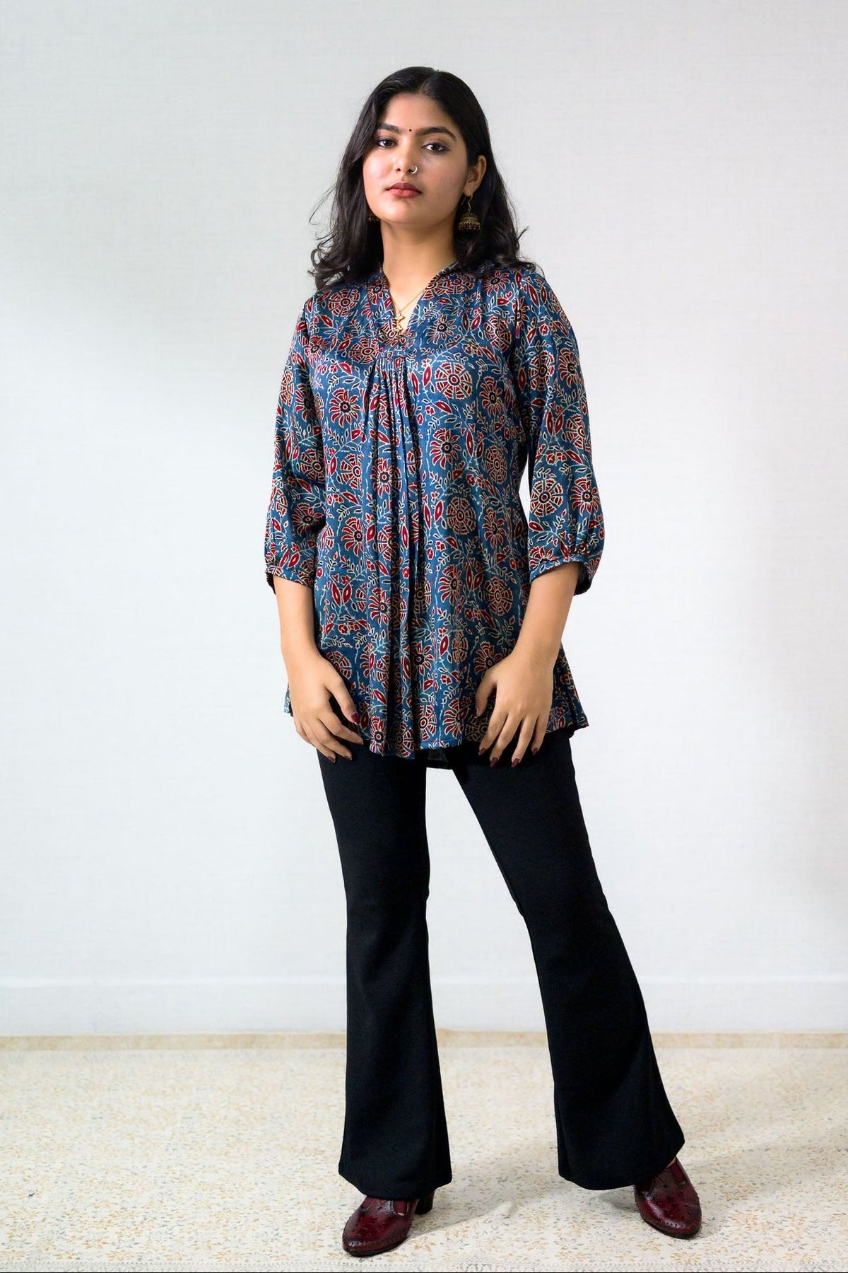 Blue Blooms Modal Ajrakh Short Top (Buy 1 Get 1 Free)