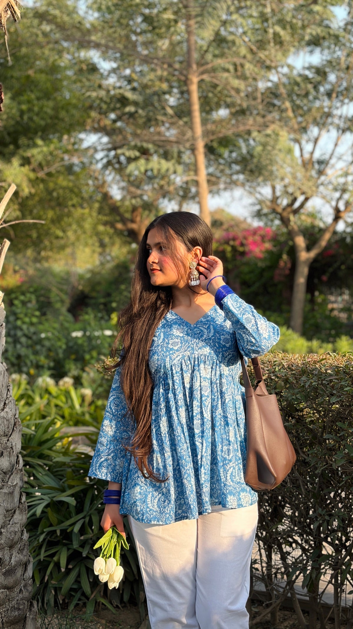 Blue Floral Cotton Peplum Top (Buy 1 Get 1 Free)